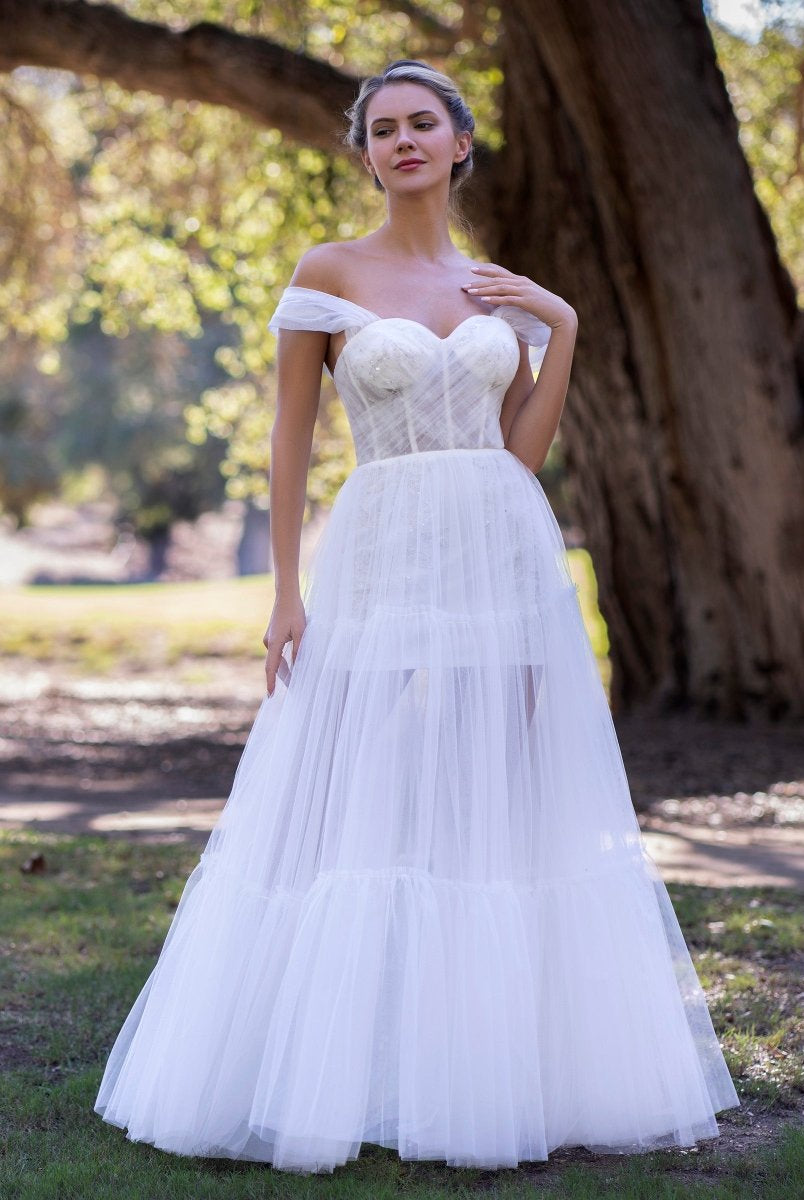 Off Shoulder A-Line Tulle Ivory Prom Dress