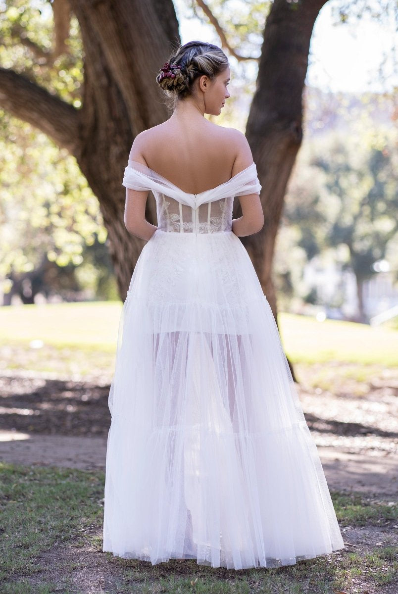 Off Shoulder A-Line Tulle Ivory Prom Dress