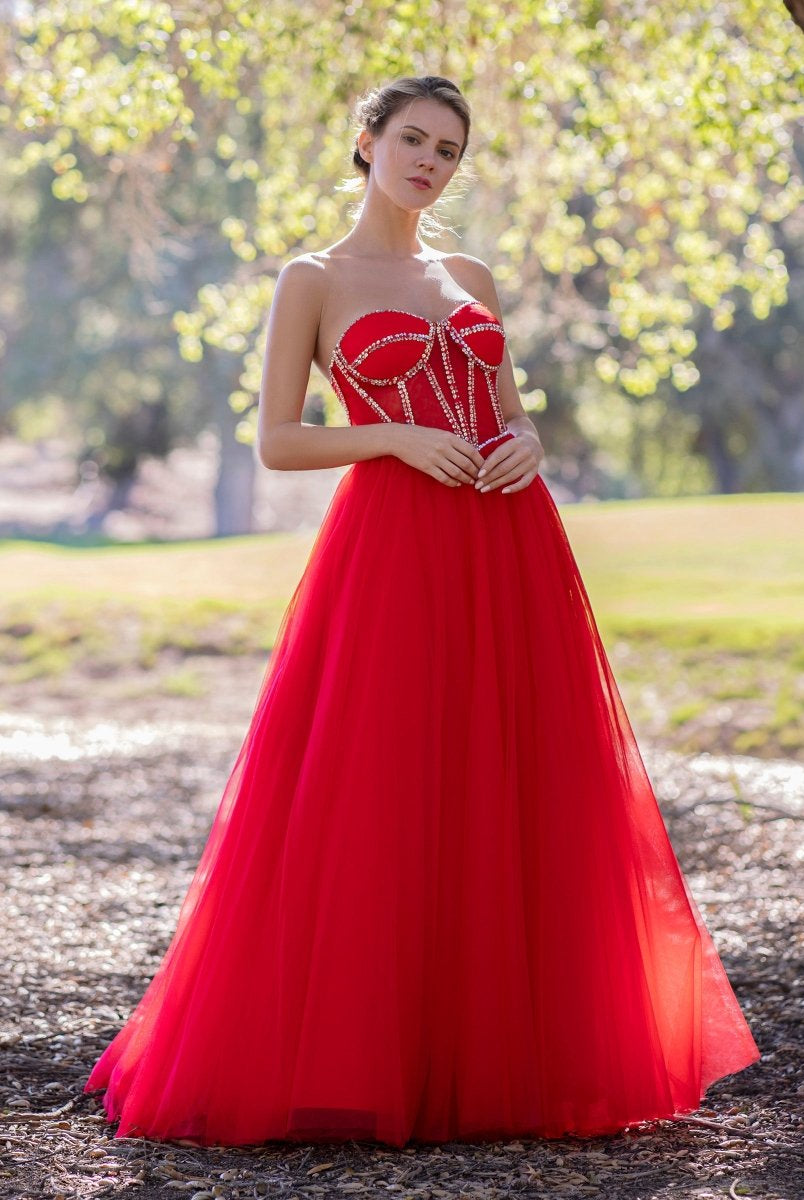 A-Line Strapless Red Prom Dress with Beadings