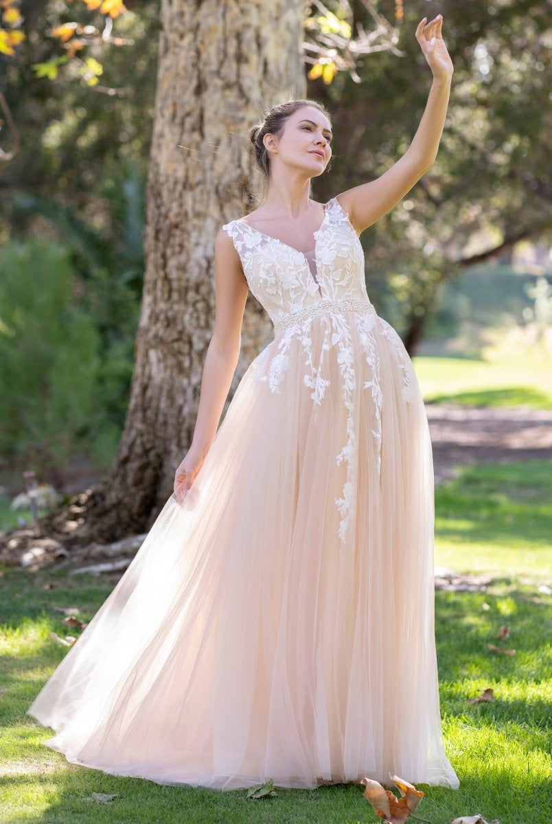 V-neck Applique Lace Tulle Floor-Length Prom Dress