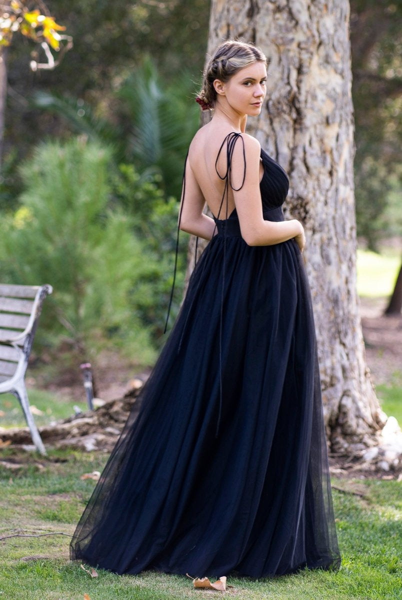 Deep V-neck Tulle Sweep Train Prom Dress