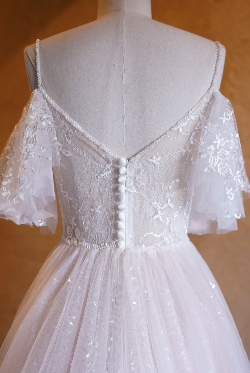 A - line V - neck Pearl Embellished Tulle Lace Floor Length Prom Dresses - KissProm