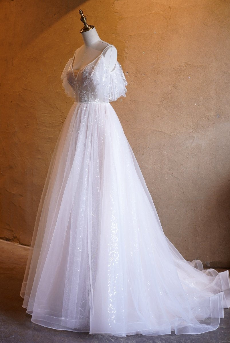 A - line V - neck Pearl Embellished Tulle Lace Floor Length Prom Dresses - KissProm