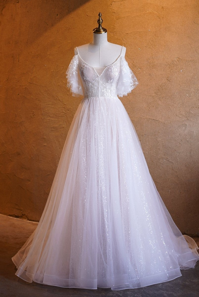 A - line V - neck Pearl Embellished Tulle Lace Floor Length Prom Dresses - KissProm