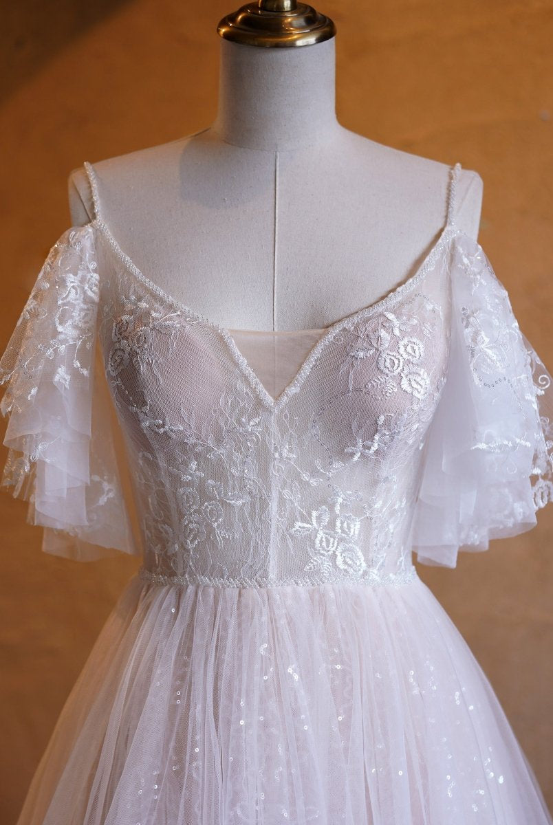 A - line V - neck Pearl Embellished Tulle Lace Floor Length Prom Dresses - KissProm