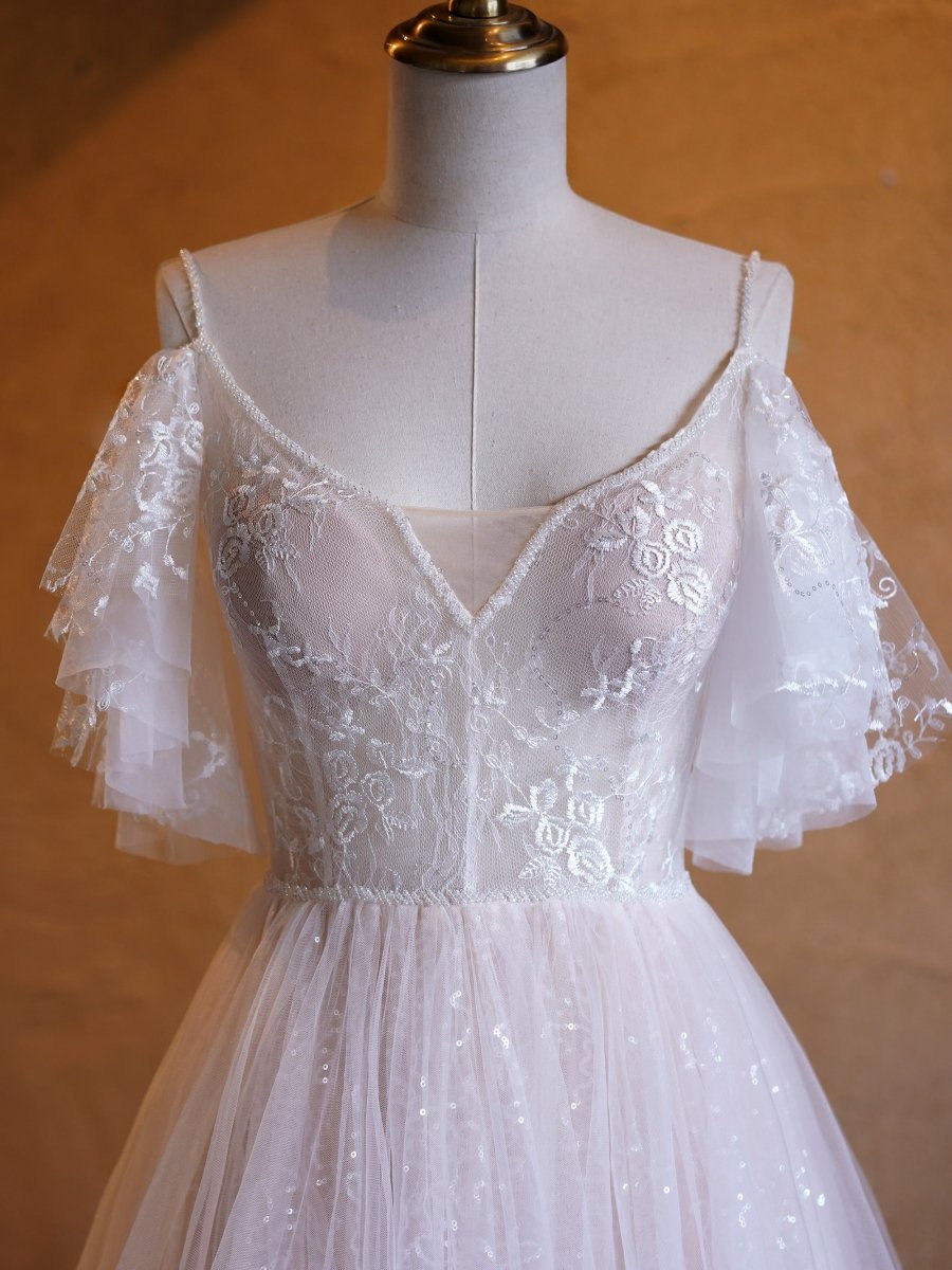 A - line V - neck Pearl Embellished Tulle Lace Floor Length Prom Dresses - KissProm