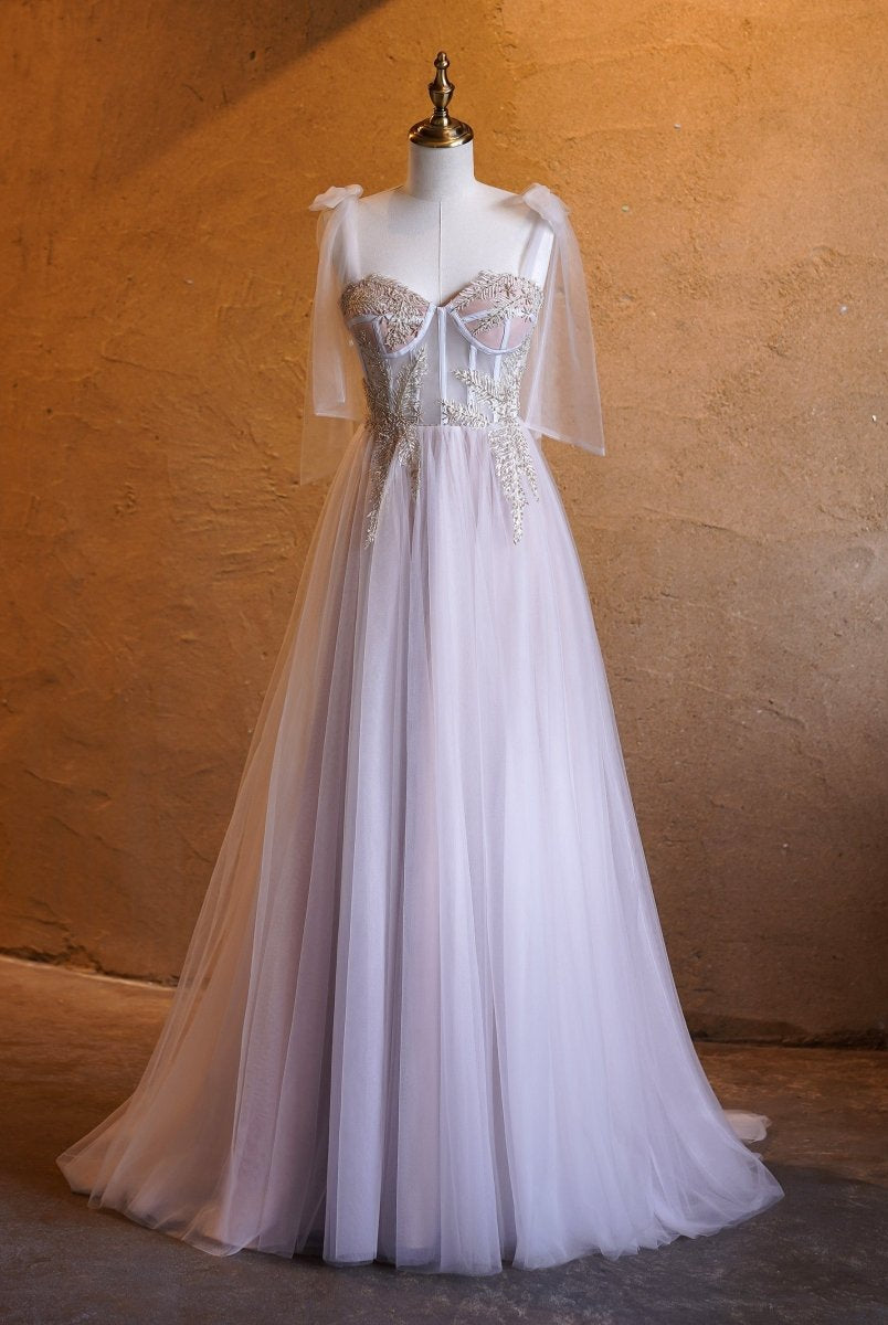 A-line Corset Applique Tulle Bow Straps Long Prom Dress with sweep train