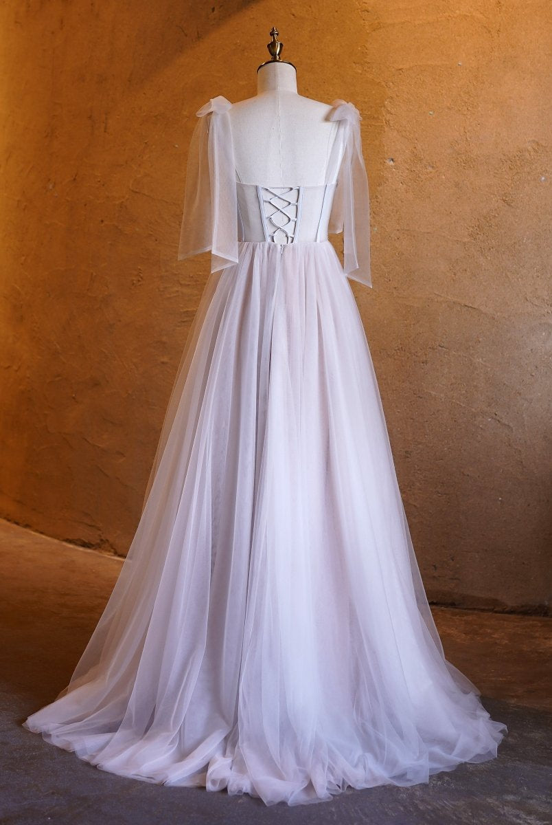 A-line Corset Applique Tulle Bow Straps Long Prom Dress with sweep train