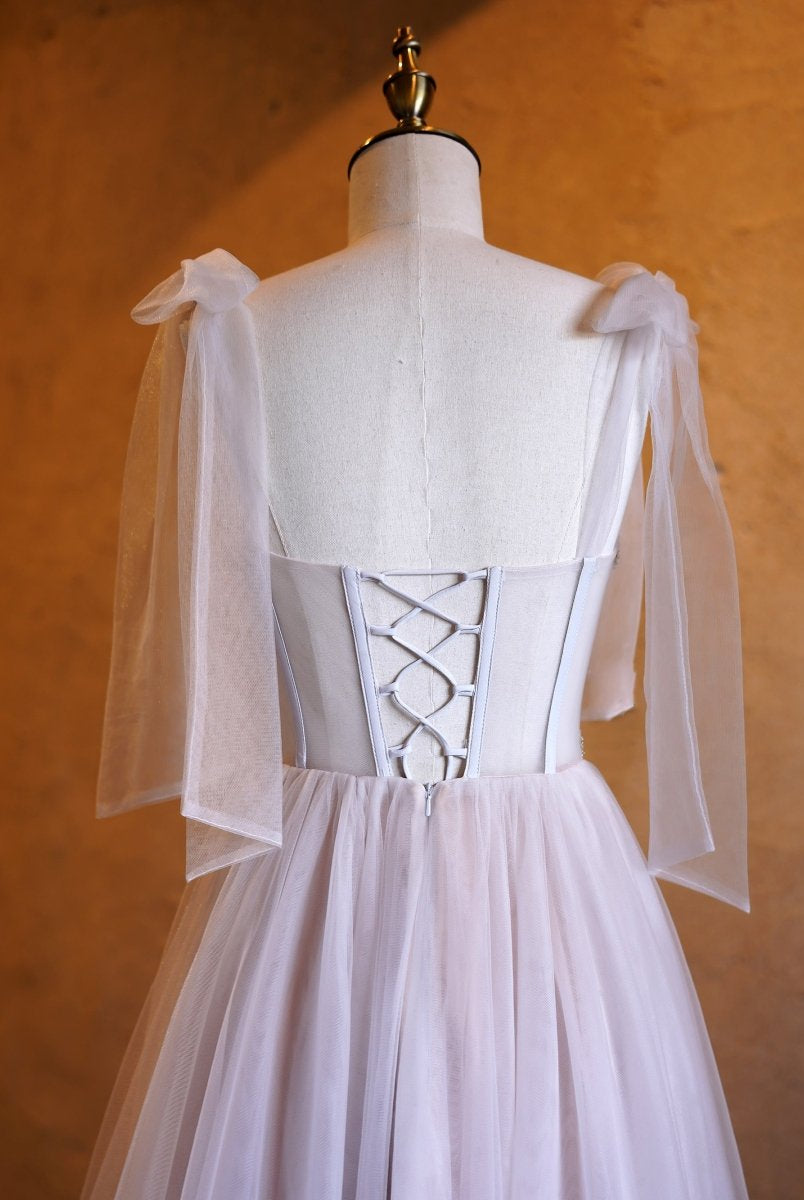 A-line Corset Applique Tulle Bow Straps Long Prom Dress with sweep train