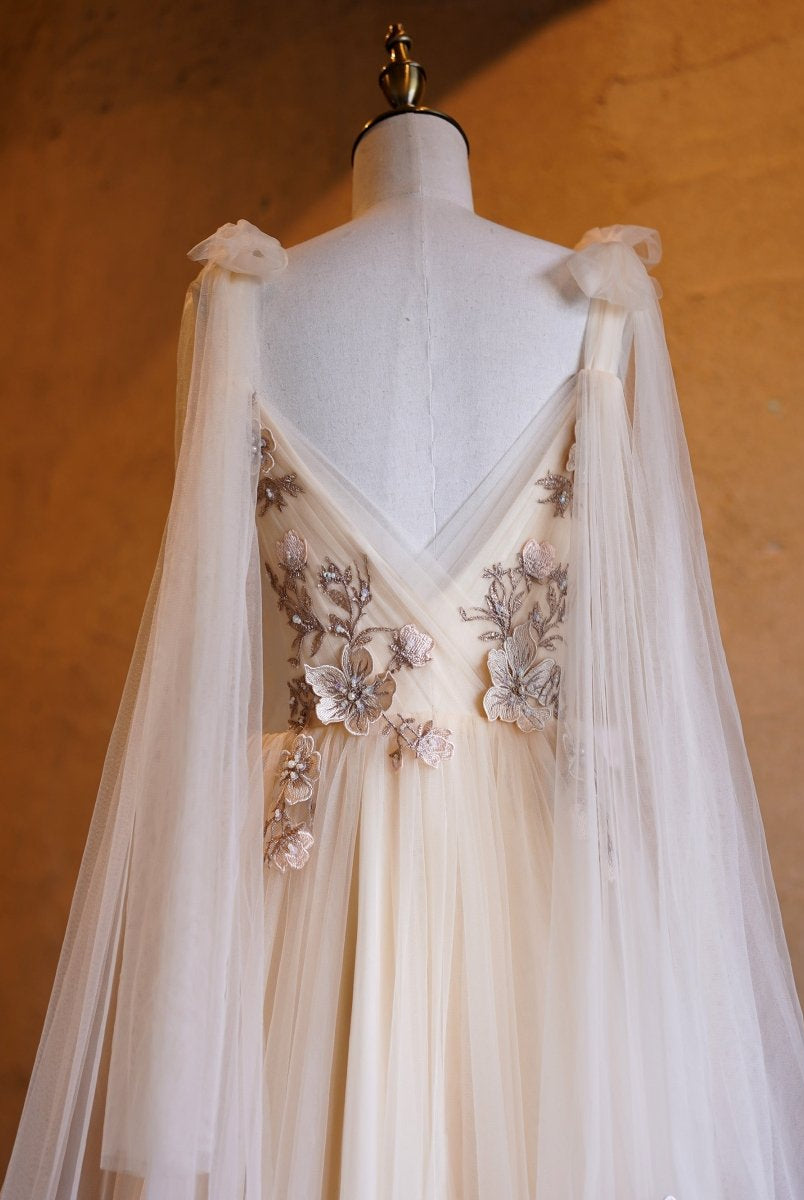 A - line Tulle Embroidery Deep - V Neck Floor - Length Prom Dresses - KissProm