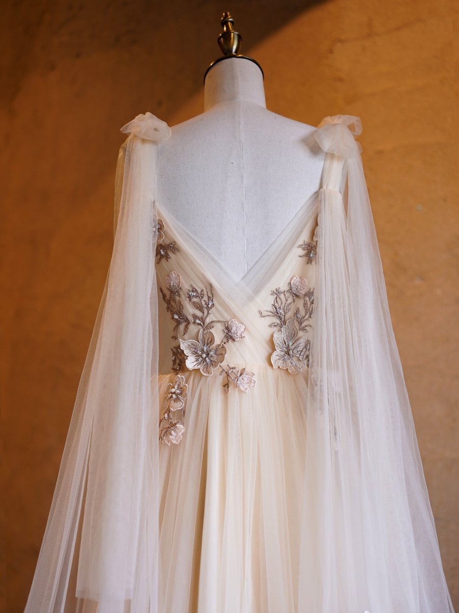 A - line Tulle Embroidery Deep - V Neck Floor - Length Prom Dresses - KissProm