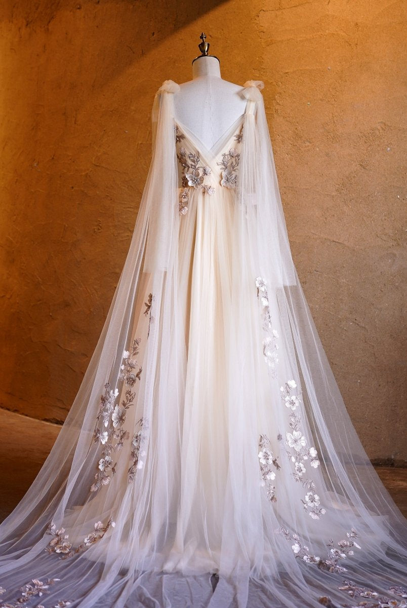 A - line Tulle Embroidery Deep - V Neck Floor - Length Prom Dresses - KissProm