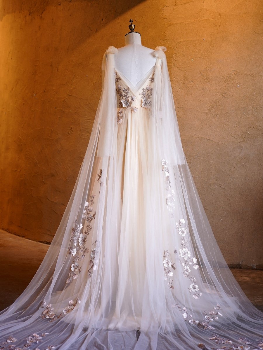 A - line Tulle Embroidery Deep - V Neck Floor - Length Prom Dresses - KissProm