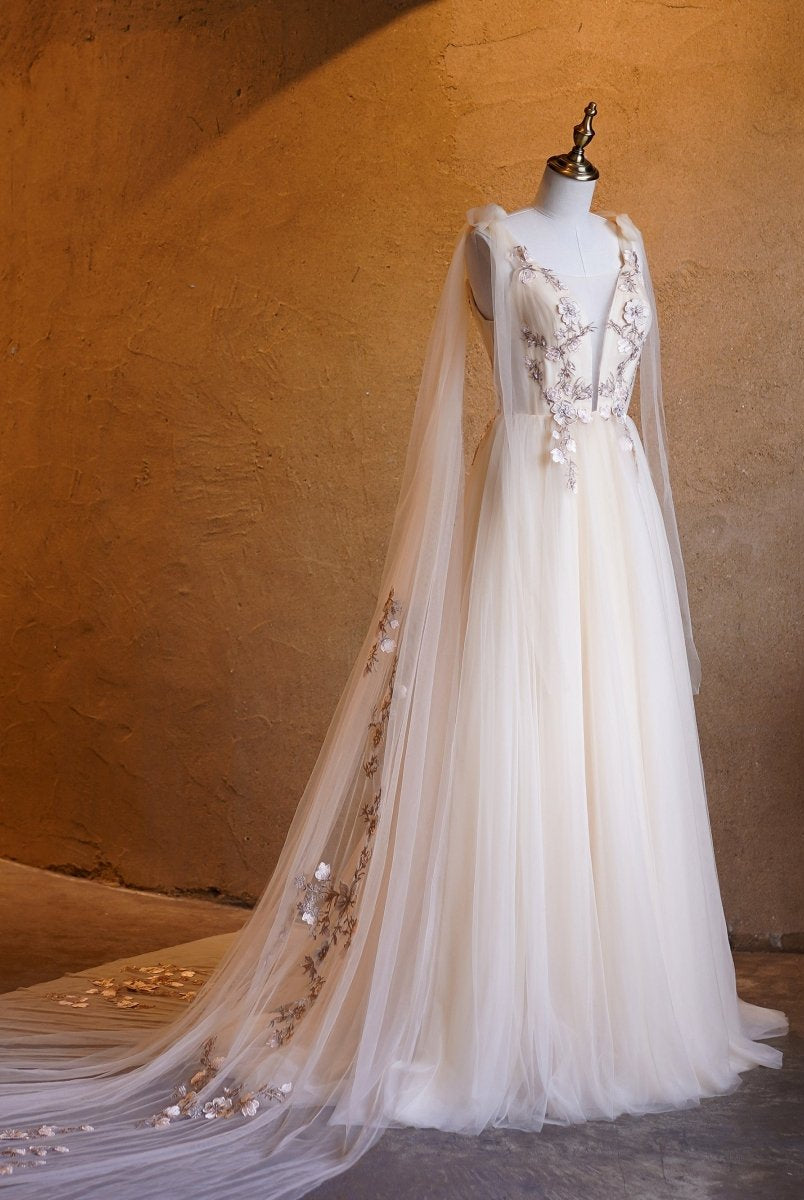 A - line Tulle Embroidery Deep - V Neck Floor - Length Prom Dresses - KissProm