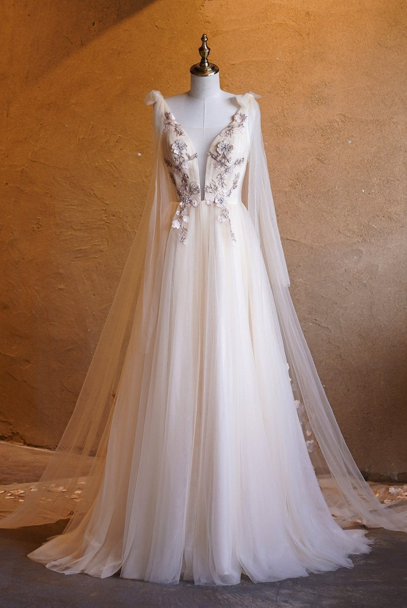 A - line Tulle Embroidery Deep - V Neck Floor - Length Prom Dresses - KissProm