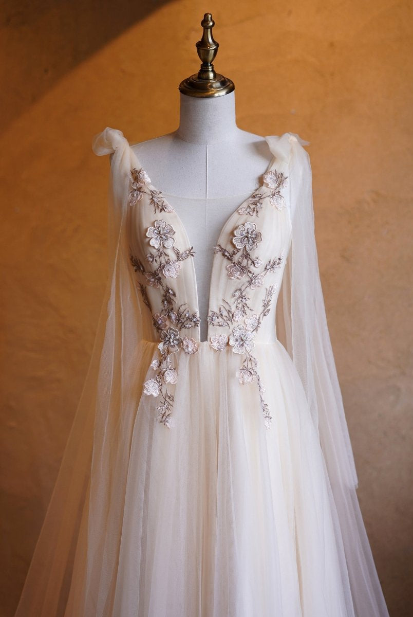 A - line Tulle Embroidery Deep - V Neck Floor - Length Prom Dresses - KissProm