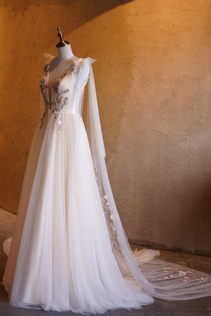 A - line Tulle Embroidery Deep - V Neck Floor - Length Prom Dresses - KissProm