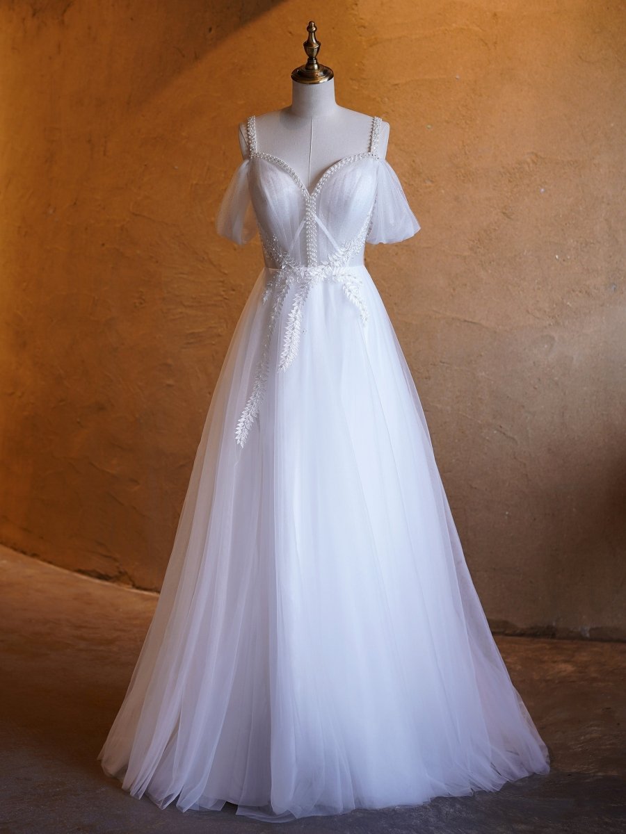 V - neck Pearl Embellished Floor Length Prom Dresses - KissProm