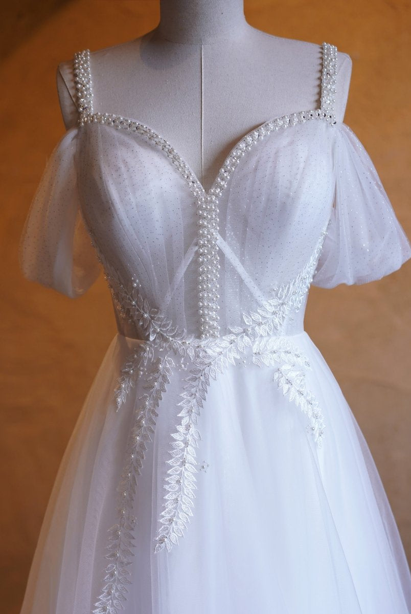 V - neck Pearl Embellished Floor Length Prom Dresses - KissProm