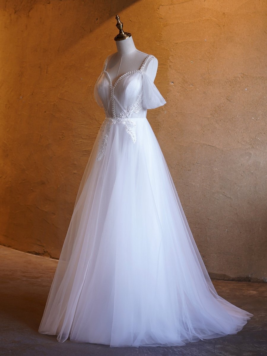 V - neck Pearl Embellished Floor Length Prom Dresses - KissProm