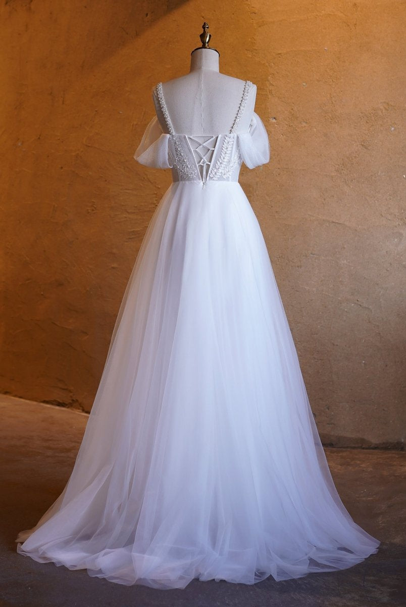 V - neck Pearl Embellished Floor Length Prom Dresses - KissProm