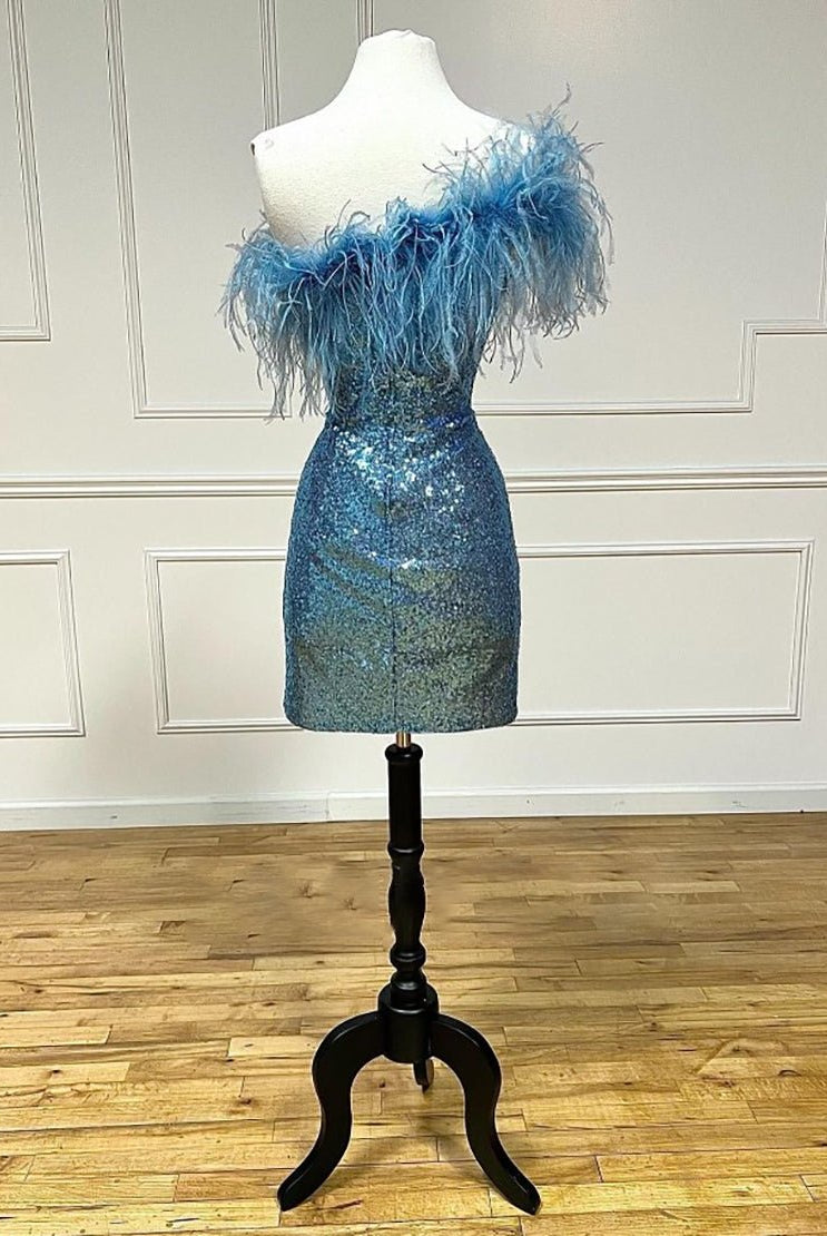Yarah |Sheath One Shoulder Blue Sequins Homecoming Dress with Feather