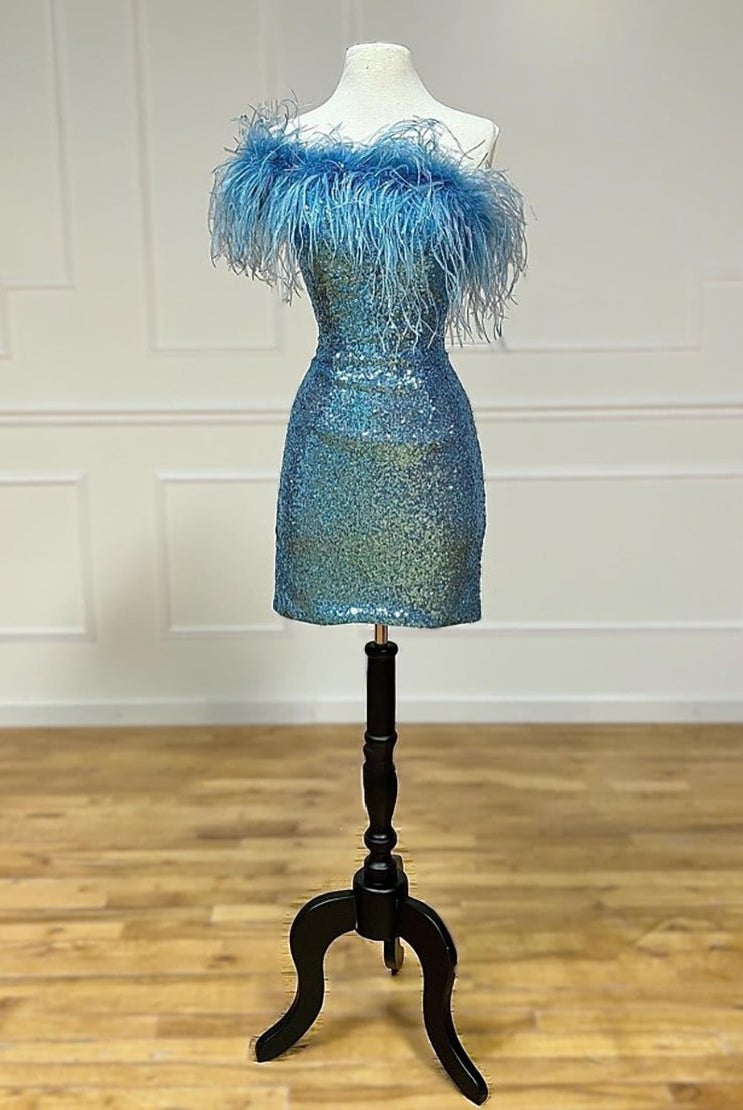 Yarah |Sheath One Shoulder Blue Sequins Homecoming Dress with Feather