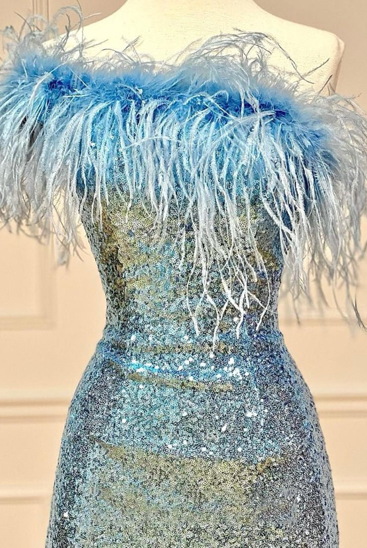 Yarah |Sheath One Shoulder Blue Sequins Homecoming Dress with Feather
