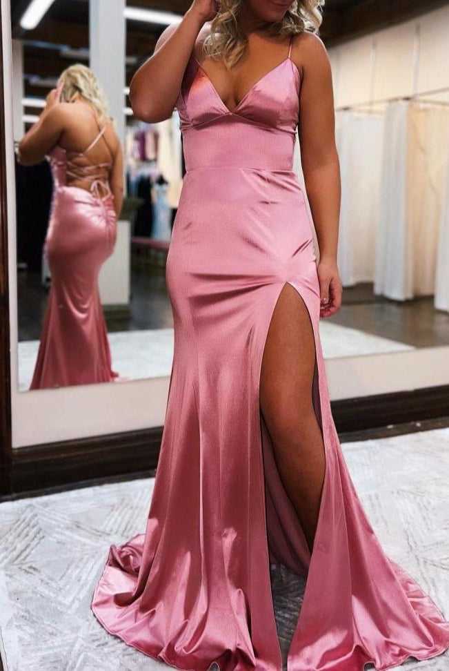 Allie |Mermaid Spaghetti Straps Satin Prom Dress with Slit