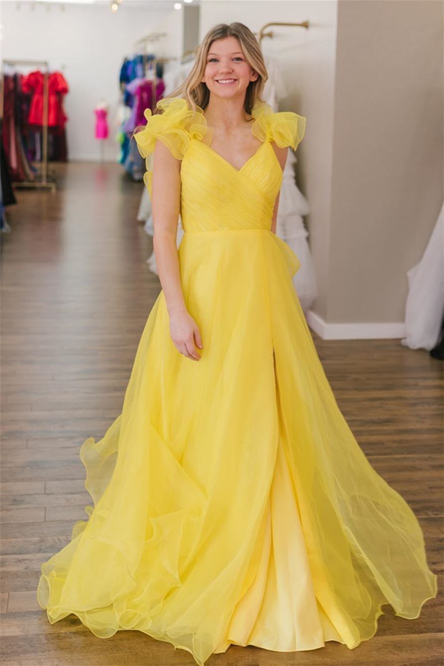 Yellow Surplice Ruffle Straps Tulle Long Prom Dress with Slit KissProm