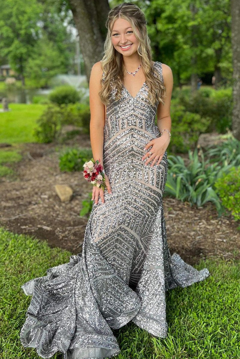Nina | Red Mermaid Deep V Neck Sequins Prom Dress