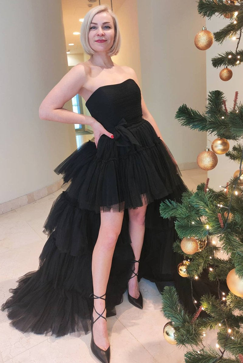 June |A-line High Low Strapless Tulle Prom Dress with Ruffles