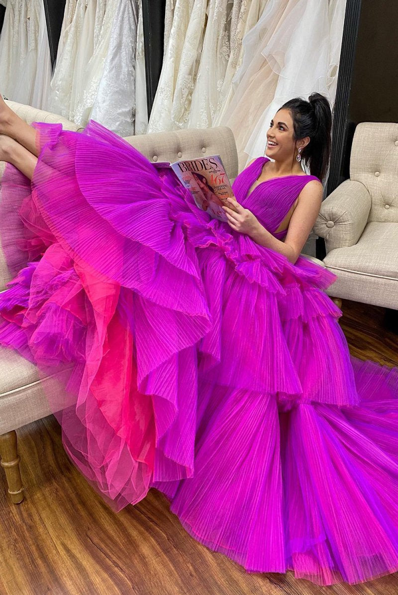 Giana |A - Line V Neck Tiered Tulle Prom Dress - KissProm