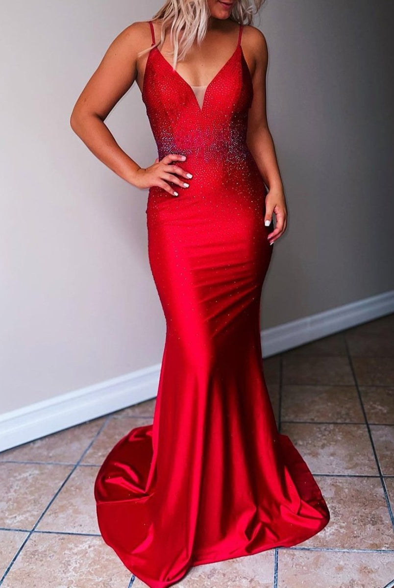 Deborah |Mermaid Spaghetti Straps Beaded Satin Prom Dress