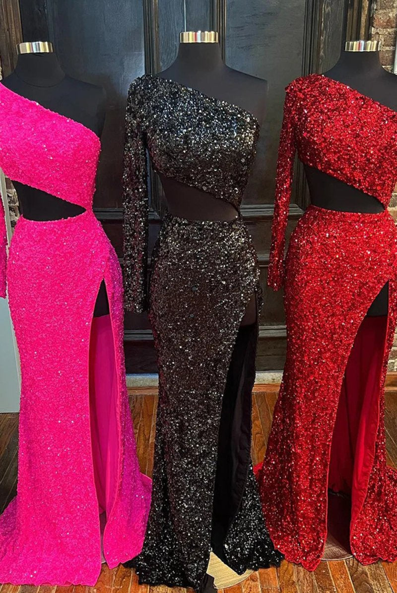 Sheath One Shoulder Red Sequins Long Prom Dress with Silt