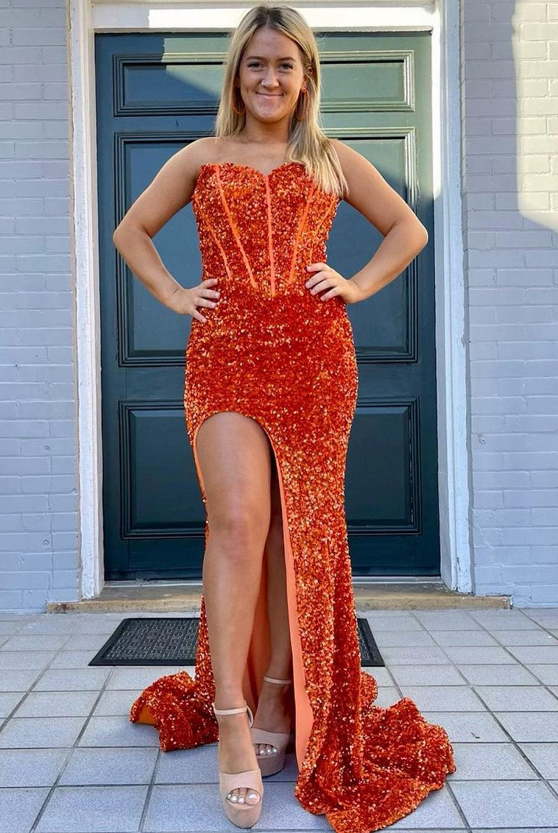 Royalty |Sheath Sweetheart Sequins Prom Dress with Slit