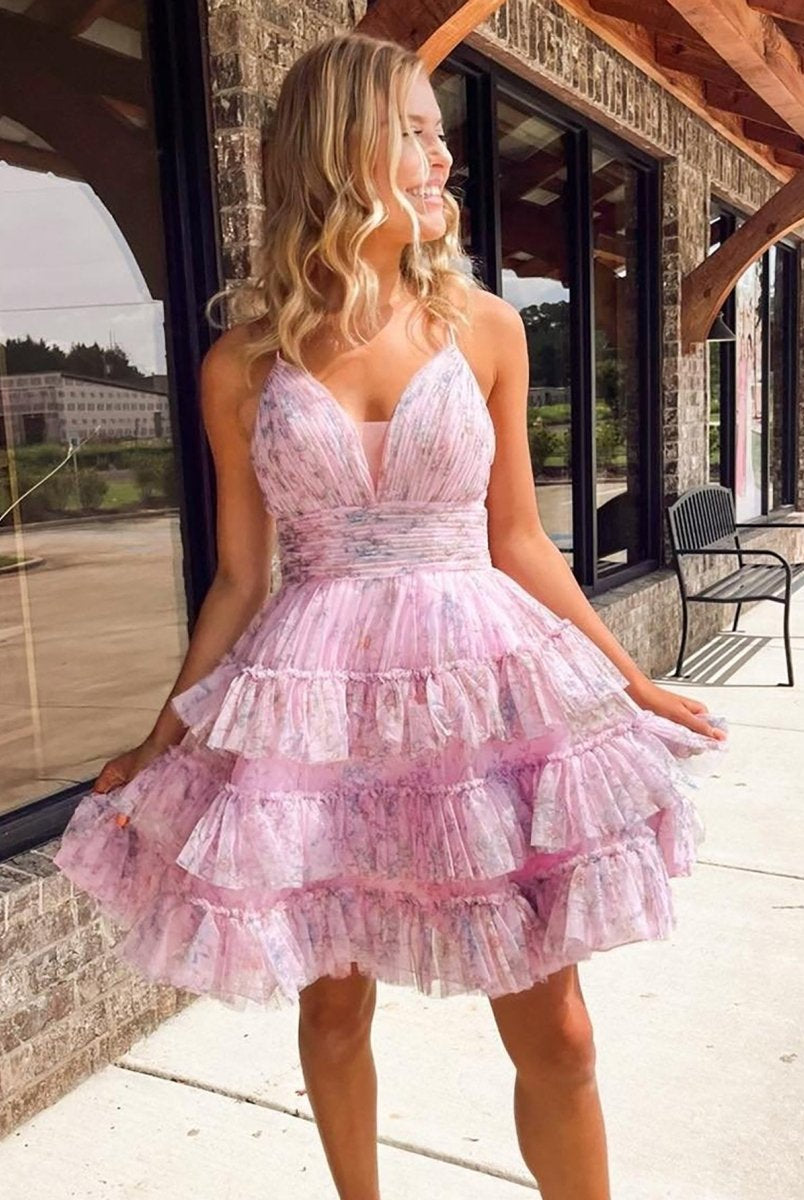 Beryl |A-Line V Neck Tiered Pinted Homecoming Dress