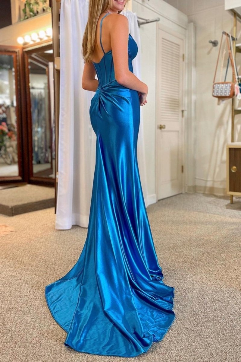 Shelby| Mermaid Spaghetti Strap V - Neck Satin Prom Dress with Slit - KissProm
