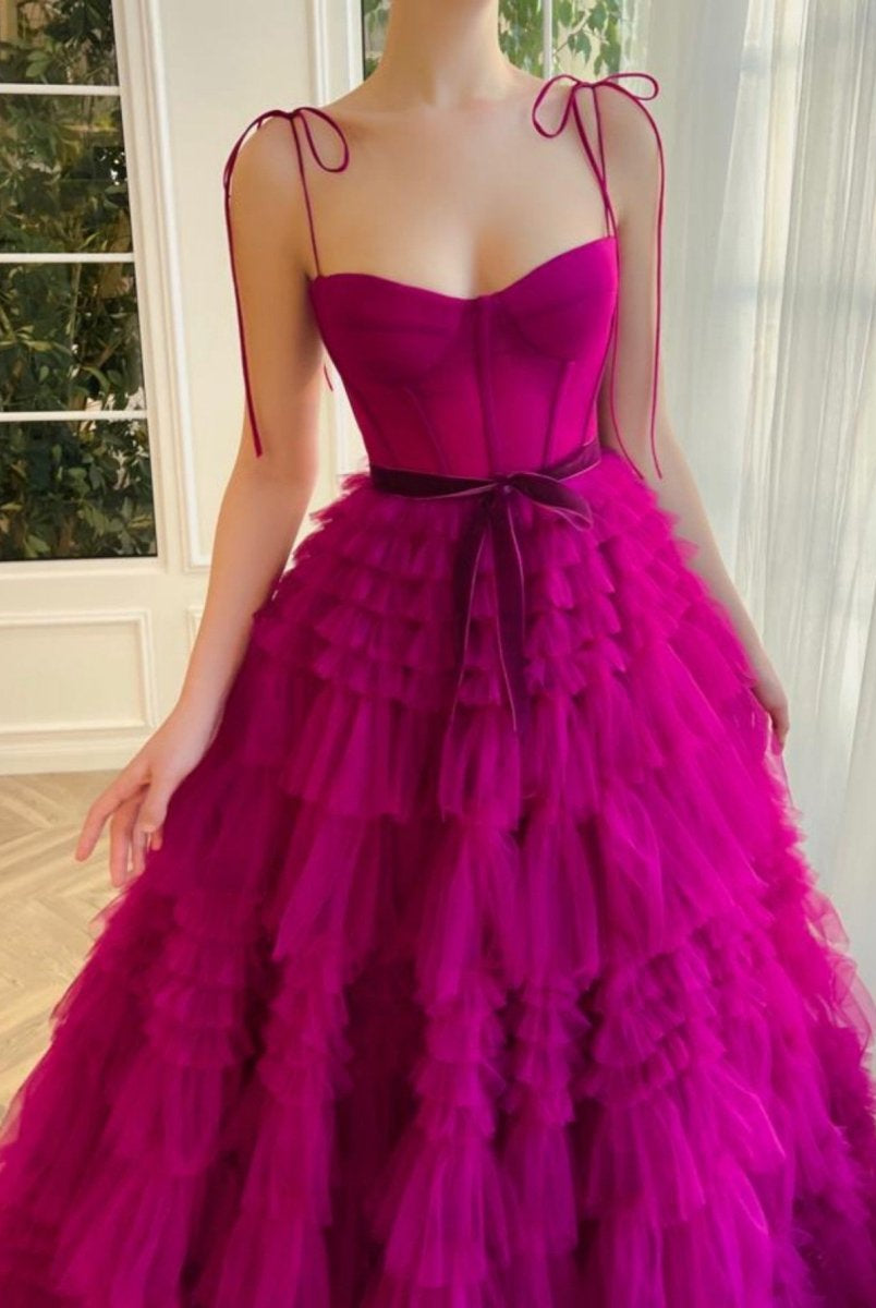 Blair |A Line Strapless Fuchsia Tiered Long Tulle Prom Dress