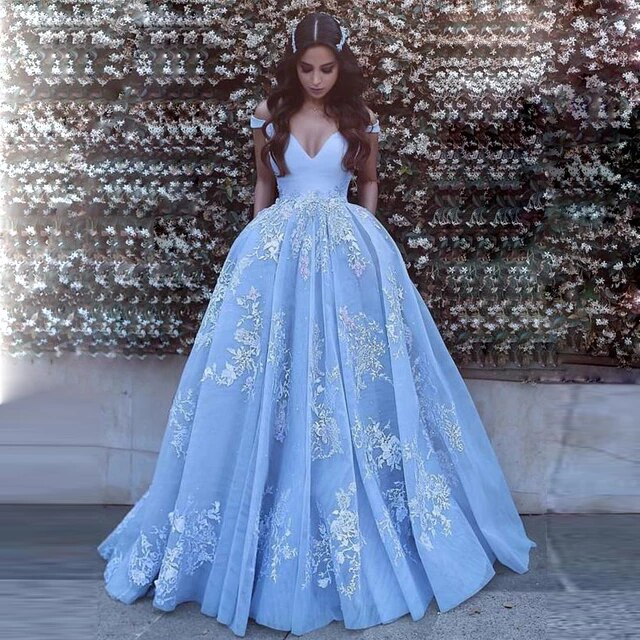 Alivia | Sky Blue Ball Gown Lace Appliqued Off the Shoulder Quinceanera Dress
