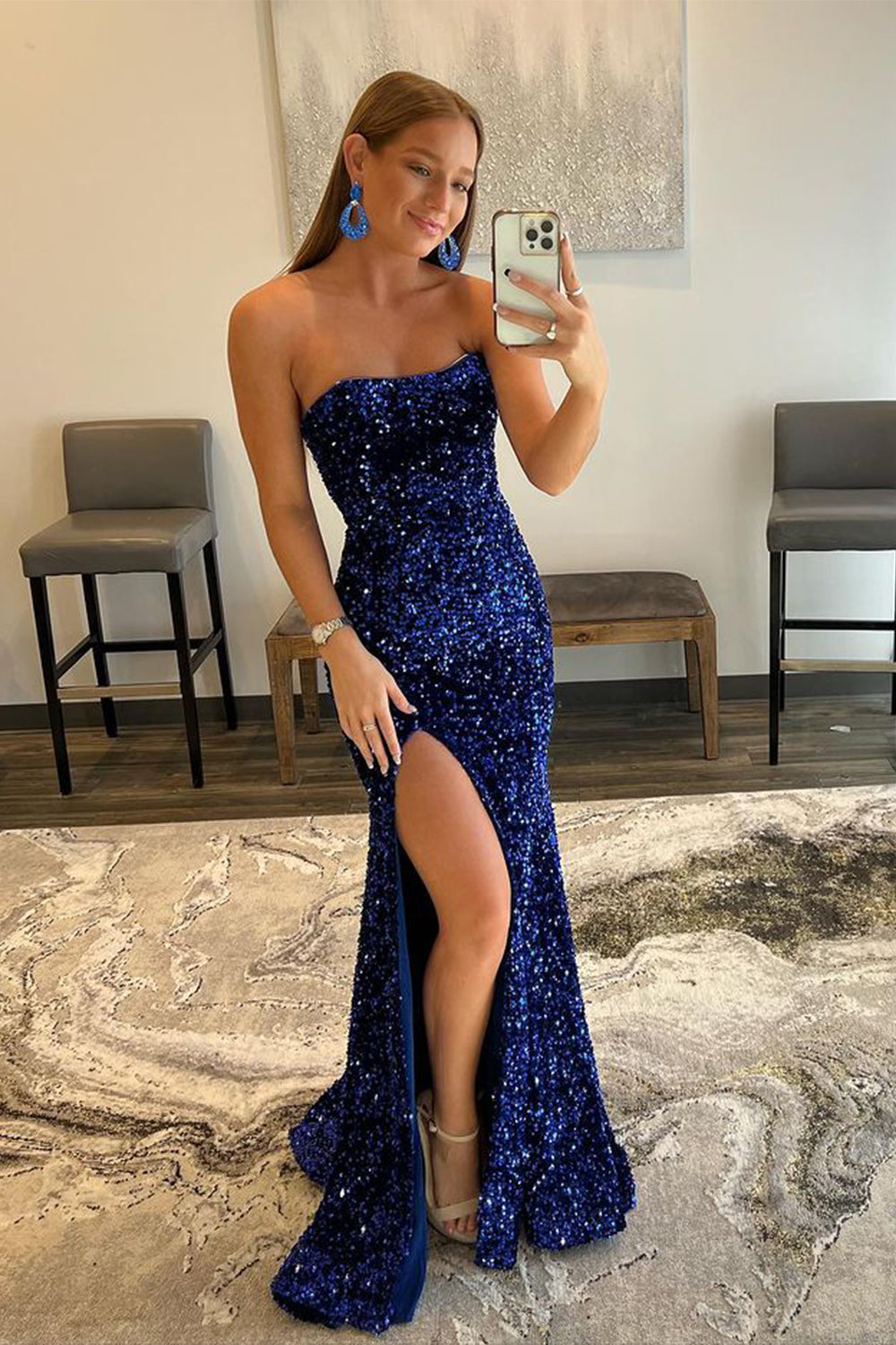 Navy Blue Strappy-Back Long Sequin Prom Dress Navy Blue / 12