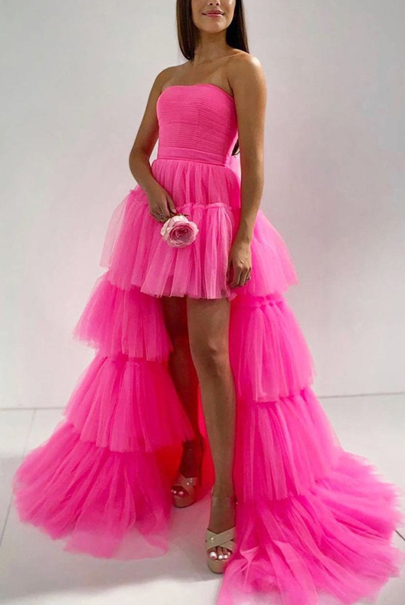 June |A-line High Low Strapless Tulle Prom Dress with Ruffles