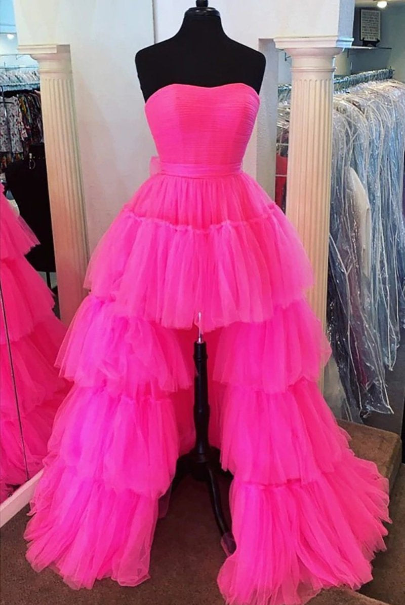 June |A-line High Low Strapless Tulle Prom Dress with Ruffles