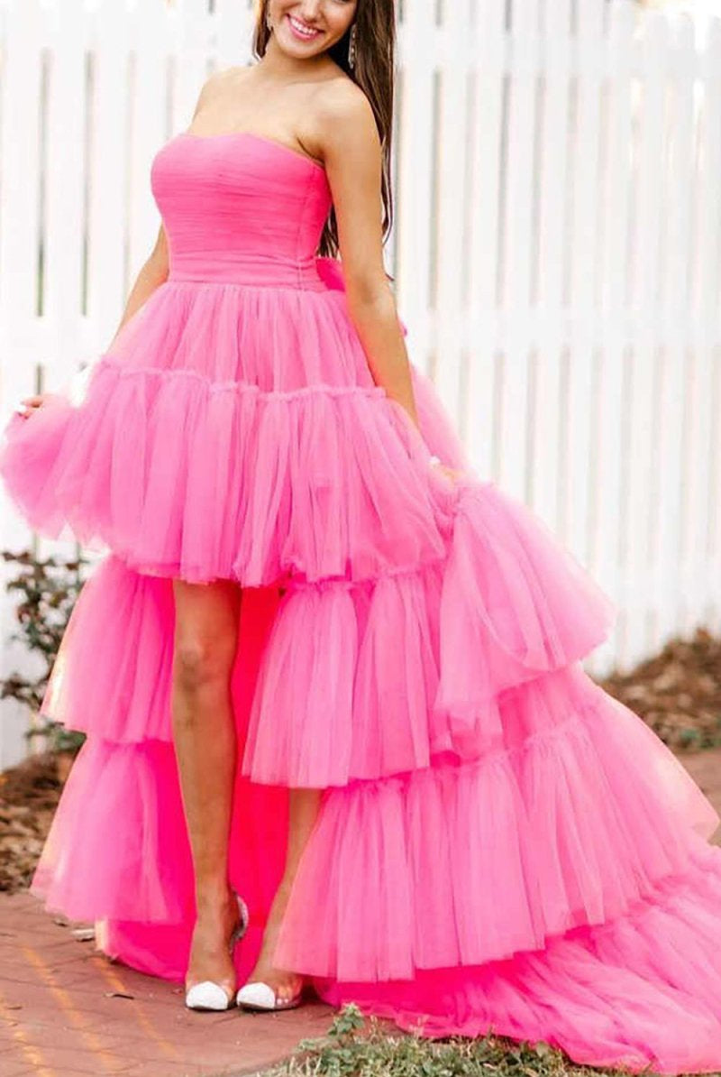 June |A-line High Low Strapless Tulle Prom Dress with Ruffles