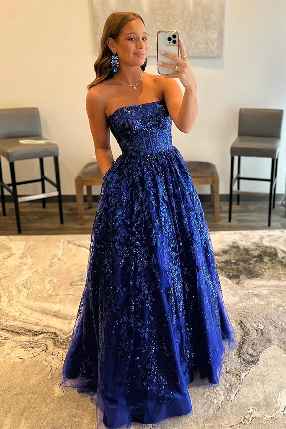 Zara A line Royal Blue Sequined Lace Long Prom Dress with Pockets