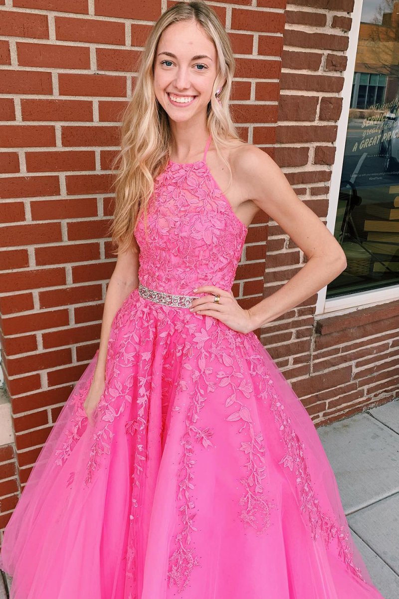 Nyla |A - line Hot Pink Halter Tulle Prom Dress With Appliques - KissProm