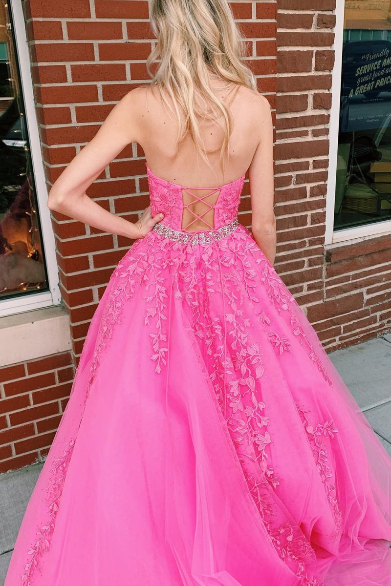 Nyla |A - line Hot Pink Halter Tulle Prom Dress With Appliques - KissProm