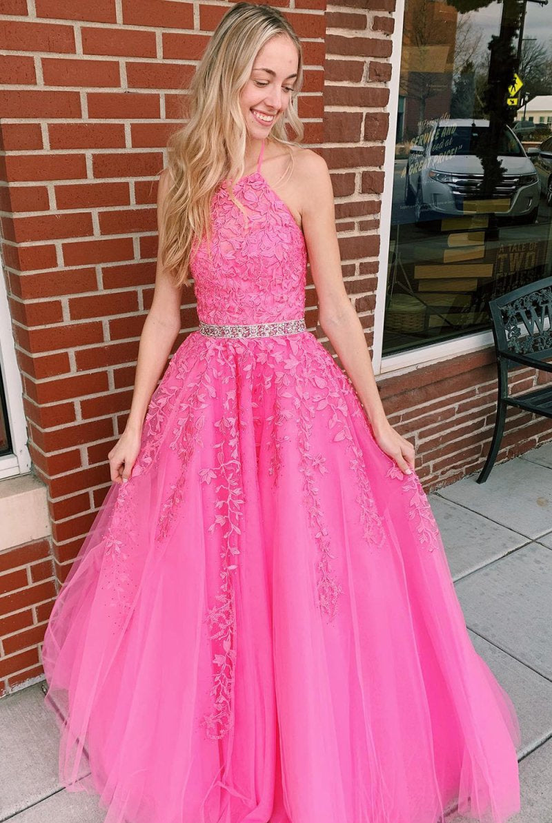Nyla |A - line Hot Pink Halter Tulle Prom Dress With Appliques - KissProm
