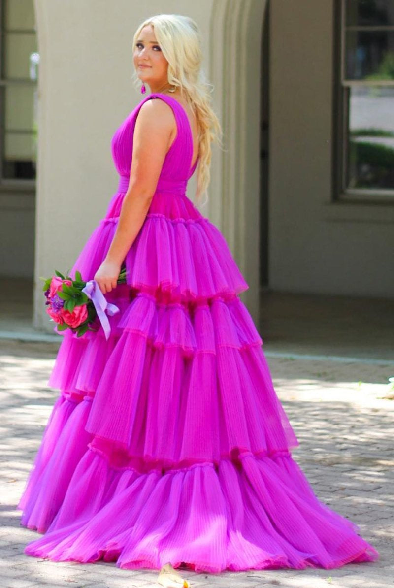 Giana |A - Line V Neck Tiered Tulle Prom Dress - KissProm