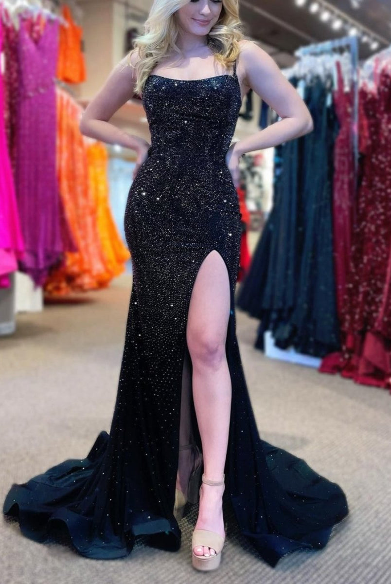 Emelia | Mermaid Spaghettti Strap Beaded Satin Prom Dress with Slit